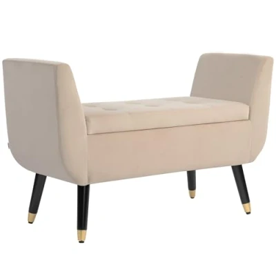Abbildung von HOMCOM Luxus Sitzbank Polsterbank mit Stauraum Armlehnen Truhenbank Samtartiges Polyester Gummiholz Beige 107 x 42 65 cm