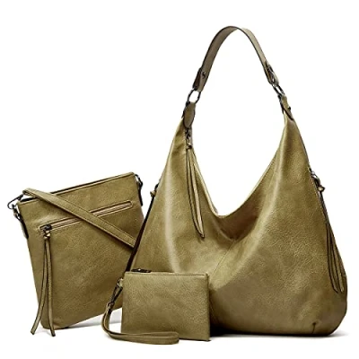 Abbildung von Ashioup Hobo Taschen für Damen, weiches PU Leder, lockere Schultertasche, Geldbörse mit Reißverschluss, Grüner dreiteiliger Anzug, Einheitsgröße