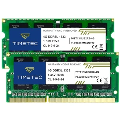 Abbildung von Timetec 8GB KIT (2x4GB) DDR3L 1333MHz PC3 10600 Non ECC Unbuffered 1.35V CL9 2Rx8 Dual Rank 204 Pin SODIMM Laptop Notebook PC Computer Speicher RAM Modul Upgrade (8GB KIT(2x4GB))