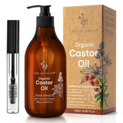 Abbildung von The Oganics® Castor Oil 500ml Organic 100% Pure, Cold Pressed, Natural for Eyelashes, Eyebrows, Hair &amp; Nails Vegan, Cruelty Free Pump + Mascara Kit