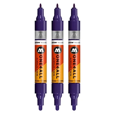 Abbildung von Molotow One4All Acrylic Twin Marker (Strichstärke 1.5 mm und 4 mm, hochdeckend permanent) 3 Stück Farbe 043 dunkel violett