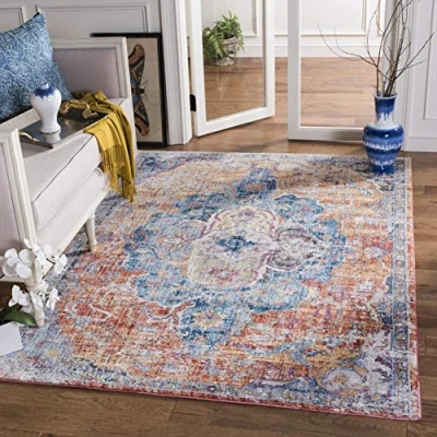 Abbildung von SAFAVIEH Traditionell Teppich für Wohnzimmer, Esszimmer, Schlafzimmer Bristol Collection, Kurzer Flor, Blau und Orange, 122 X 183 cm