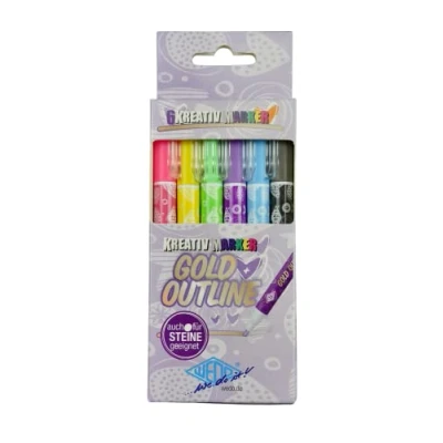 Abbildung von WEDO 252700699 Kreativ Marker Gold+Outline zum Gestalten malt auf Steinen Strichstärke je nach Druck 1 2 mm 6 Farben/Stifte Mehrfarbig