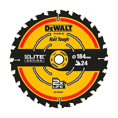 Abbildung von Dewalt Elite Kreissägeblatt DT10302 (Sägeblatt ø 184/16 mm, Schnittbreite: 1,65 24 Zähne, Zahngeometrie: WZ, Zahnwinkel: 18, ultra scharfe Hartmetall mit Nail Tough, für Universal Einsatz)