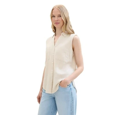 Abbildung von TOM TAILOR Damen Basic Blusen Top mit Leinen, summer beige, 44