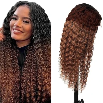 Abbildung von Glueless Wig Echthaar Perücke 4X4 HD Lace Front Human Hair Kinky Curly Wear and Go Unprocessed Brazilian Virgin 180% Density Brown Color 22 Inch