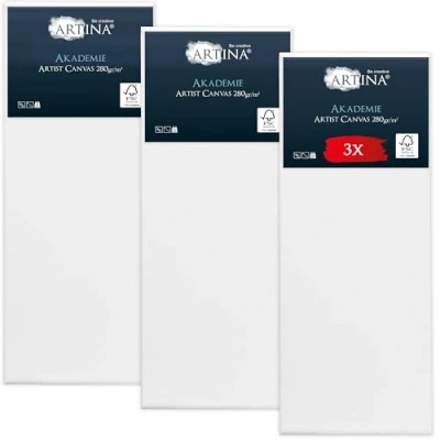 Abbildung von Keilrahmen Leinwand zum Bemalen 30x80 cm Artina FSC® 3er Set Leinwände für Acrylfarben Canvas 100% Baumwolle bespannte malen Acryl Rahmen