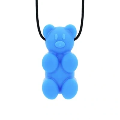 Abbildung von ARK Kauhalskette Bär sichere Kauhilfe im Gummibär Design, schadstofffrei, in 3 Härtegraden, sensorische Unterstützung für Kinder und Erwachsene, verstellbare Kordel (fest, blau)