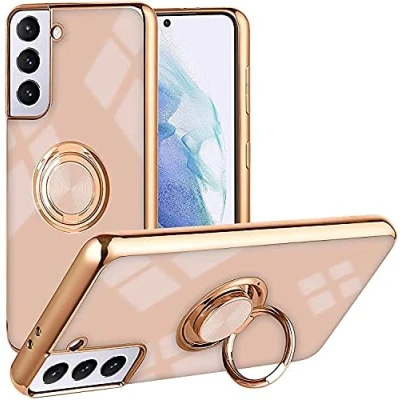 Abbildung von iBEX Handyhülle für Samsung Galaxy S21 fe,Überzug Glänzende TPU Schutzhülle Mit Ringständer, Roségoldene Kante Stoßfester Kantenstoß, Schlanke, Weiche Hülle Aprikose
