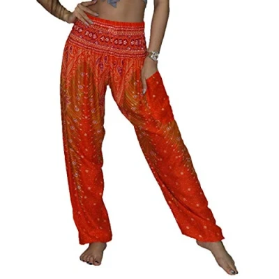 Abbildung von Lofbaz Damen Haremshose Yogahose Pumphose Hippie Hose Boho Kleidung Festival Outfit Sommerhose Leicht Sommer Hosen Pfauenorange und Rot M