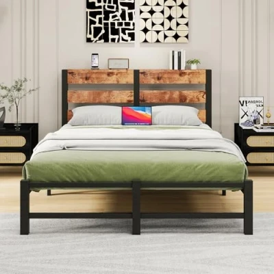 Abbildung von VERFARM Bettrahmen Metallbett 140 x 200 cm Doppelbett Einzelbett Bettgestell, Modern Jugendbett mit Lattenrost,Bettrahmen Holz Stauraum Kopfteil, für Schlafzimmer Gästezimmer, Vintage Braun