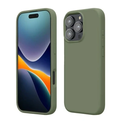 Abbildung von kwmobile Hülle kompatibel mit iPhone 16 Pro Max Silikon Handy Case Handyhülle weiche Oberfläche kabelloses Laden Graugrün