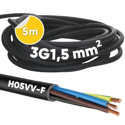 Abbildung von 5 Meter Kalitec H05VV F Schlauchleitung 3x1,5 mm² I Stromkabel 3G1,5 mm2 mit Schutzleiter PVC Kabel für Innenbereich Elektrokabel schwarz Lampenkabel flexibel Gerätekabel 3 adrig