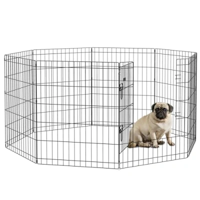 Abbildung von PawHut Freigehege Welpenauslauf 76 cm Hoch, 8 TLG Welpenlaufstall mit Schloss, für mittelgroße Hunde, Meerschweinchen, Kaninchen, Metall, Schwarz