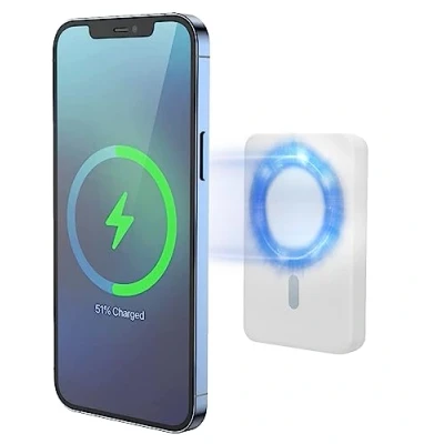 Abbildung von XtremeMac Magsafe Powerbank 5000mAh, Magnetische Externe Batterie für iPhone 15/14/13/12 Serie, USB C und Wireless Schnellaufladung, Mini Power Bank PD 15W, Leistungsstark, Weiß