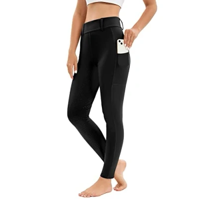 Abbildung von Reitleggings Damen Vollbesatz mit Handytasche, High Waist Reithose Mädchen Stretch Gürtelschlaufen Schwarz L