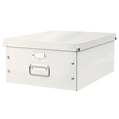 Abbildung von Leitz Click &amp; Store Aufbewahrungsbox mit Deckel Groß, Box für Unterlagen bis A3 im Büro oder Haushalt, Transportbox aus 85 % recycelter Premium Hartpappe, Stabile Metallgriffe, Weiß, 60450001