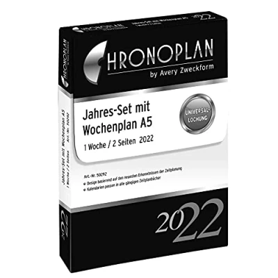 Abbildung von Chronoplan 50292 Kalendereinlage 2022, Jahres Set A5 mit Wochenplan (148x210mm), Ersatzkalendarium, ideal für professionelle Wochenplanung, Uhrzeit, Multilochung (1 Woche auf 2 Seiten), weiß