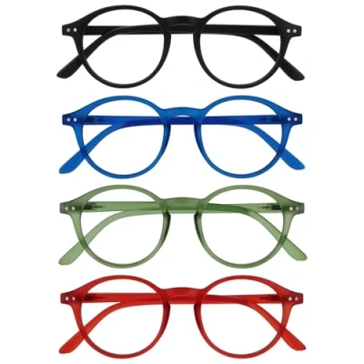 Abbildung von OPULIZE REY Lesebrille 4er Pack Runder Retro Rahmen Mattschwarz, Blau, Grün, Rot Herren Damen Federscharniere RRRR56 136Z +2.50