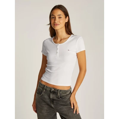 Abbildung von Tommy Jeans SLIM Button C NECK Tshirt basic, Damen, Größe: 40, Ecru