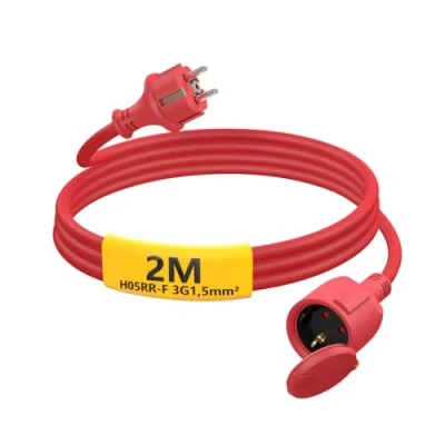 Abbildung von HUARUI Verlängerungskabel Outdoor 2m, Gummi Stromkabel Verlängerung mit Schuko Stecker für den Außenbereich IP44, Kabelverlängerung H05RR F 3G1,5mm² Schutzkappe, Elektrokabel außen, 3500W, rot