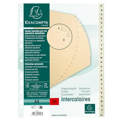 Abbildung von Exacompta 1126E 5er Pack Karton Register A Z für DIN A4 aus 26 teilig volle Höhe 21 x 29,7 cm elfenbein mit bedruckten Taben Universallochung Trennblätter Trennstreifen Ordner