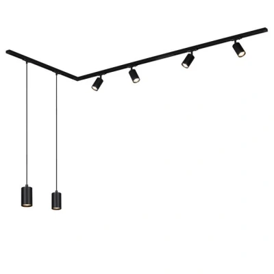 Abbildung von Schienensystem RAIL 230 V, schwarz, 4 Spots, 2 Pendel, 2,25m