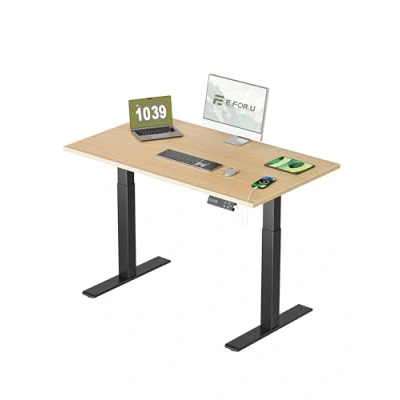 Abbildung von E.For.U® höhenverstellbarer Schreibtisch 140x80 cm, 2 Motoren, elektrisch höhenverstellbares Tischgestell mit Fach Teleskop, Memory Steuerung (Schwarz), DT20L Tischplatte (Buche)