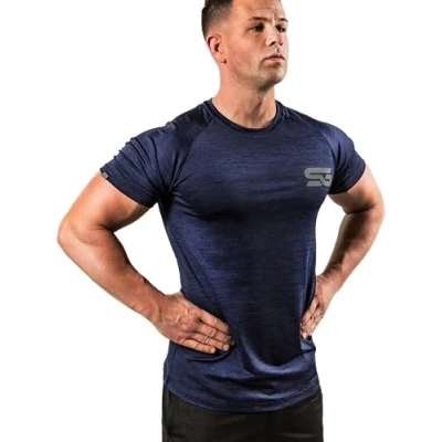 Abbildung von Satire Gym® Fitness Slim Fit T Shirt Herren Funktionelles &amp; schnell trocknendes Sportshirt Kurzarm als Bodybuilding Workout Gym (S, Navy Blue meliert)