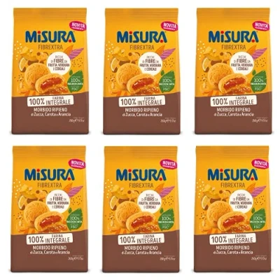 Abbildung von 6x Misura Frollino Integrale Fibrextra Vollkorn Kekse Shortbread mit Kürbis , Karotten und Orangenfüllung, 100 % Vollkornmehl, 260 g + Italian Gourmet polpa 400g