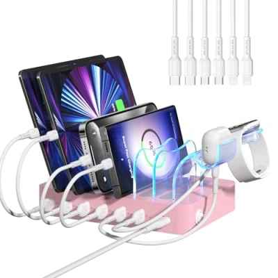 Abbildung von SooPii Ladestation für mehrere Geräte, 50W 6 Port Multi USB mit 2 in 1 i Watch Ladehalterung und Ladekabeln, entworfen iPad, Mobiltelefone, Tablets andere (Rosa)