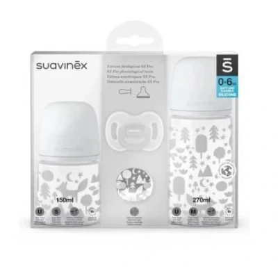 Abbildung von Suavinex, Pack für Neugeborene Sx Pro 0 6 Monate. 1 Anti Kolik Babyflasche 150 ml langsamer Nahrungsfluss, 270 mittlerer Vollsilikon Sauger mit Sauger, Schnullerkette, Grau