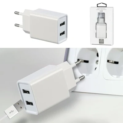 Abbildung von USB 2fach Ladegerät 5V 2A 10Watt 110 220V 56 60 HZ Kunststoff weiß Netzteil Netzstecker Netzladeadapter (1 x 2A)