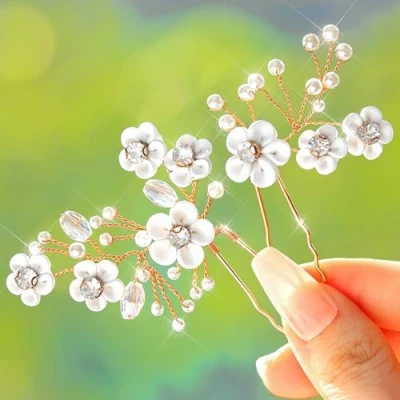 Abbildung von Fairvir Brautschmuck Hochzeit Haarnadeln Blume Silber Strass Braut Perle Haarnadel Haarschmuck für Damen und Mädchen (2 Stück) (Roségold)