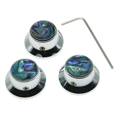 Abbildung von KAISH Set mit 3 Schraubknöpfen Abalone Oberseite, Chrom, für Gitarre, Bass, Stratocaster, Metallknöpfe 6 mm Schaft Potentiometer