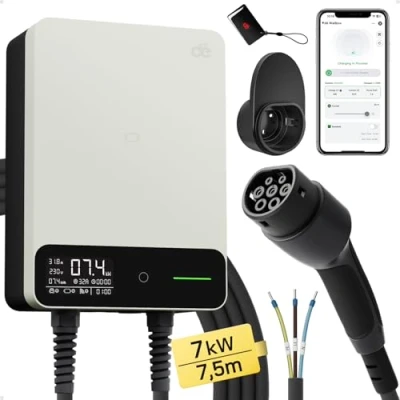Abbildung von dé Wallbox 7,4kW mit App [632A, 1 phasig] Typ 2 Kabel 7,5 m, RFID &amp; Halter, FI B IP54 Ladestation für Model Y andere BEV/PHEV, Weiß