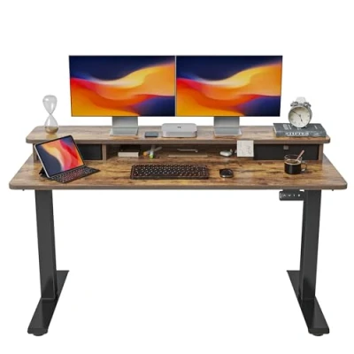 Abbildung von FEZIBO Höhenverstellbarer Elektrischer Stehtisch mit Doppelschublade, 140 x 60 cm Heimbüro Schreibtisch Ablagefach, Sitz Steh Computerarbeitsplatz, Rustikal Braun Oberfläche