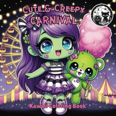 Abbildung von Cute &amp; Creepy Carnival Kawaii Coloring Book for Kids, Teens, and Adults: Spooky Pages with Black Background Goth Halloween Fun all year long