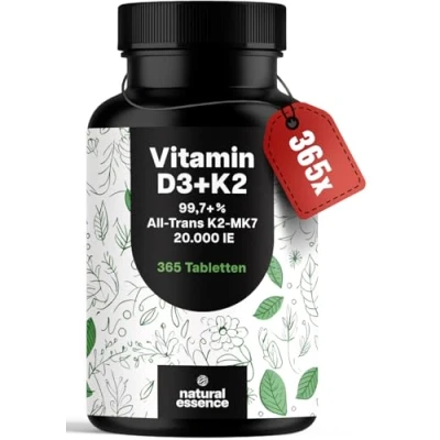 Abbildung von Vitamin D3 K2 hochdosiert 365 Tabletten mit 20000 IE Premium K2Vital® 99,7+% All Trans MK7 D ohne Zusätze produziert in Deutschland XXL Family Packung