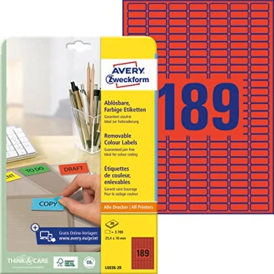 Abbildung von AVERY Zweckform L6036 20 Rote Etiketten (3.780 Aufkleber, 25,4x10mm auf A4, wieder rückstandsfrei ablösbar, selbstklebende Farbetiketten, Papier matt, bedruckbare, farbige Klebeetiketten) Blatt