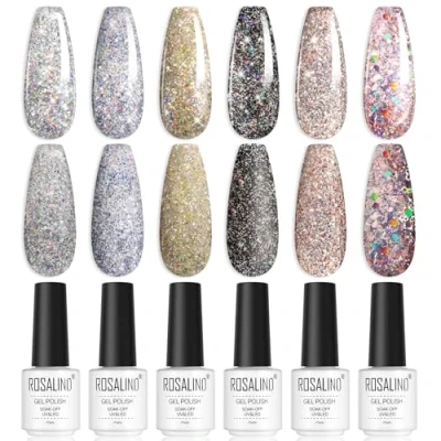 Abbildung von ROSALIND UV Nagellack, 6 Farben Silber Gelb Schwarz Rosa Glitzer Shellac Gel Nagellack Set Soak Off Nail Polish für Anfänger Art Salon DIY