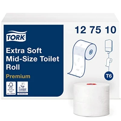 Abbildung von Tork 127510 extra weiches Midi Toilettenpapier in Premium Qualität für T6 Doppelrollenspender / 3 lagiges WC Papier weich und reißfest, 27er Pack (27 x 70 Meter)