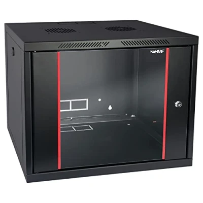 Abbildung von HMF 66409 02 Netzwerkschrank, Serverschrank 19 Zoll 9 HE 450 mm Tiefe Voll montiert Glastür Schwarz