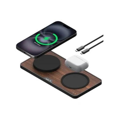 Abbildung von Mous Dual Ladestation mit Qi2 bis zu 15 W Schnellladung, MagSafe kompatibles Ladegerät, USB C Kabel, Walnuss