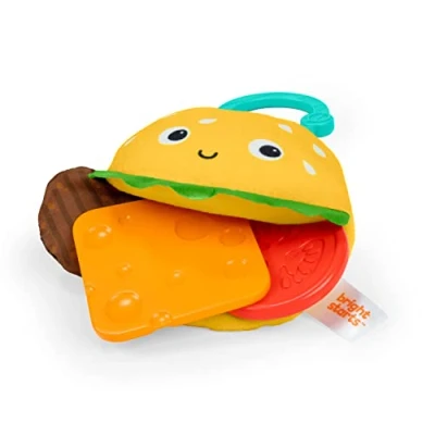 Abbildung von Bright Starts Say Cheeseburger Beißring für unterwegs und Kinderwagenspielzeug, BPA frei, Unisex, 3 Monate+