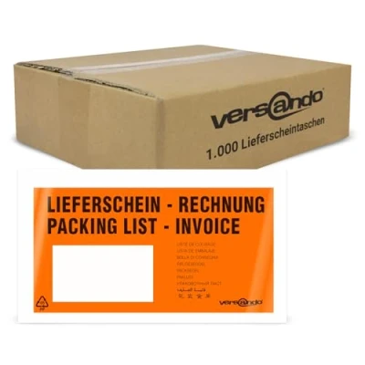 Abbildung von versando 1000 Lieferscheintaschen DIN lang selbstklebend Dokumententaschen Begleitpapiertaschen orange/schwarz bedruckt: &quot;Lieferschein/Rechnung&quot;