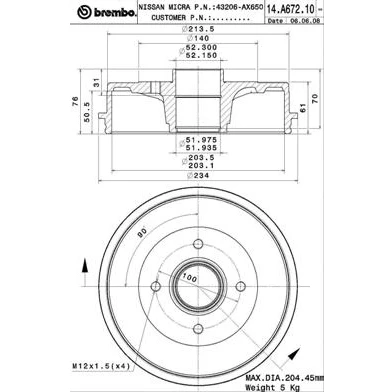 Abbildung von BREMBO 14.A672.10 Bremstrommel ohne ABS Sensorring 203 NISSAN: Micra 3, C+C Note I