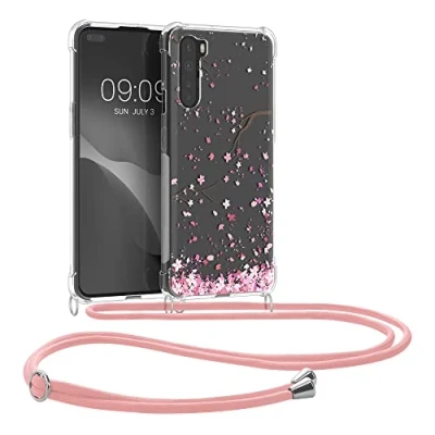 Abbildung von kwmobile Necklace Case kompatibel mit OnePlus Nord Hülle Silikon Cover Handykette Rosa Dunkelbraun Transparent Kirschblütenblätter