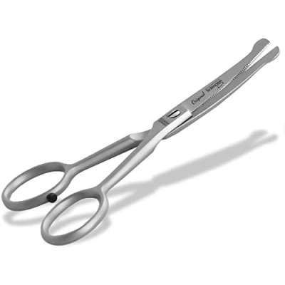 Abbildung von Fellschere aus Solingen Hunde Haarschere Pfotenschere mit einseitiger Mikroverzahnung Made in Germany Hundeschere gebogener Schnittfläche für die Fellpflege von Hunden Katzen Haustieren (11,7 cm)