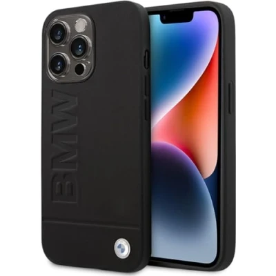 Abbildung von CG MOBILE BMW Handyhülle für iPhone 14 Pro in Schwarz mit horizontaler blauer Linie, PU Kohlefaser Schutzhülle und strapazierfähiger Hülle einfachem Schnappverschluss, Stoßdämpfung
